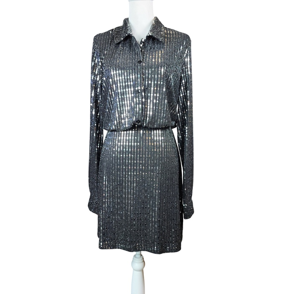Cider Silver Sequin Metallic Button Up Long Sleeve Mini Dress Black Large - Picture 1 of 12